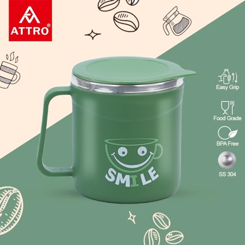 Image of ATTRO Happy Mug Set of 4-Comes with Double Wall Inner Stainless Still & Lid Stylish Cup Ideal for Hot Coffee, Tea - 300ml-Olive Green