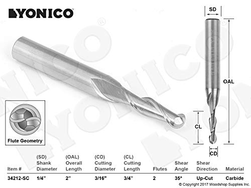 Image of YONICO Carbide Ball Nose End Mill CNC Router Bits 2 Flute Spiral 3 /16-Inch Dia. 1 /4-Inch Shank 34212-SC
