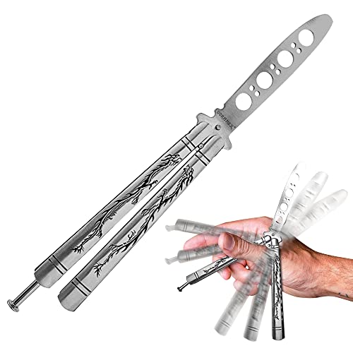 Vornnex Practice Butterfly Knife Trainer With Sure Spring Latch, Full Stainless Steel Black Dragon Dull Balisong Trainer, Unsharpened Butterfly Knives Trainer Comb For Csgo Training(Silver) #TOP1