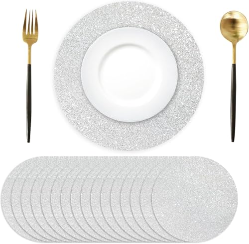 50 St&uuml;ck Silber Papier Platzsets rund, 35 cm, Glitzerpapier-Tischsets Silber, rund Einweg-Tischsets Dekorative f&uuml;r Esstisch, Hochzeit, Geburtstag, Party, Weihnachten