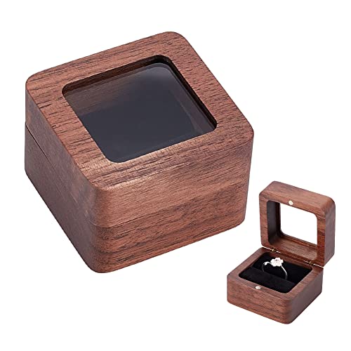 BENECREAT Caja cuadrada de madera con ventana, caja de almacenamiento marrón coco para joyas vintage, para propuesta, cumpleaños, boda, compromiso, 2,17 x 2,17 x 1,48 cm