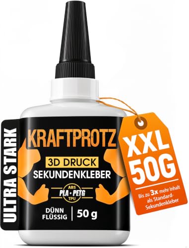 3D Druck Sekundenkleber Dünnflüssig extra stark 50 g XXL Superkleber wasserfest hitzebeständig & transparent Anti-Austrocknungs-Spitze KRAFTPROTZ für PLA ABS PETG TPU & Zubehör