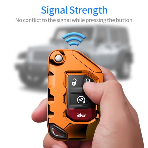 Image of Compatible with Jeep Key Fob Cover with Leather Keychain Soft TPU Protection Key Case for 2018-2026 Wrangler JL JLU Rubicon Wagoneer Gladiator JT Sahara JLU Remote Key (Orange)