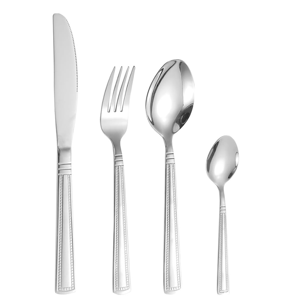 Besteckset, Besteckset aus Edelstahl, gepunktet, gestreift, geometrisch, inklusive Gabel, Löffel, Messer, Steakmesser-Set, hochglanzpoliert, Utensilien, 32-teilig