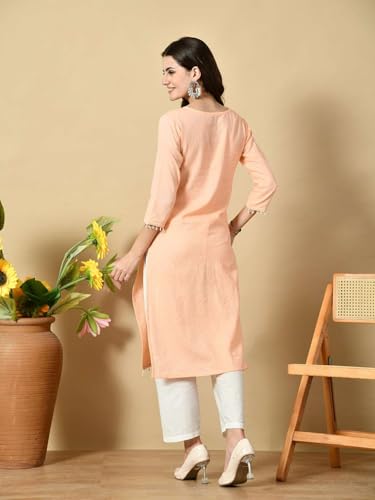 Image of Amazon Brand - Tavasya Women Cotton Katha Straight Regular Fit Kurta | Solid Ethnic Kurti | 3 /4 Sleeve Casual & Office Wear |Kurta for Women