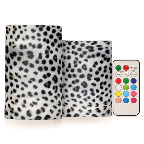 Image of White Leopard Print Flameless Candles, Flameless Candles with Remote Set of 2, Flameless Candles Battery Operated, Pillar Candles Home Decoration, Christmas, Party, E08D23009
