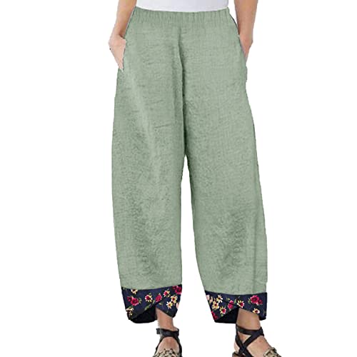 Maiyifu-GJ Women's Printed Linen Wide Leg Pants Summer Elastic Waist Beach Harem Trousers Lightweight Cropped Bottoms Pants (Light Green,Medium)