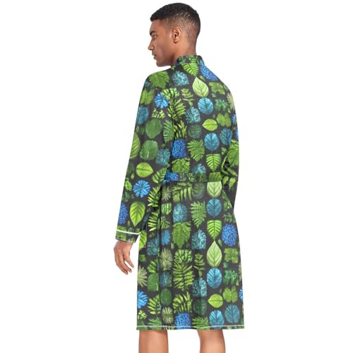 Men’s Robe Leaf Pattern Print, Long Sleeve Bathrobe for Sleep Shower-M4