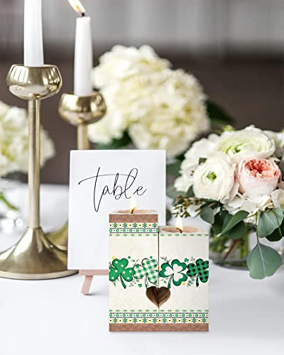 St. Patrick's Day Candle Holder With Tea Light,Vintage Wood Tealight Candle Stick Holder Pillar Centerpiece,Southwestern Eucalyptus Shamrock Plaid Heart-Shaped Tall Wooden Tea Light Candle Holders #TOP3