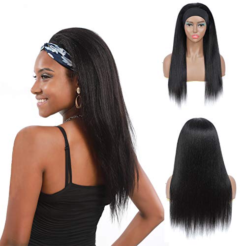 Kinky Straight Headband Wig For Black Women Yaki Human Hair Blend Wigs None Lace Front Wigs Silky Machine Made Wig Glueless Natural Color Costume Wigs 150% Density 20 Inches