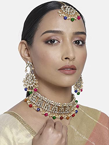 Image of Aheli Elegant Indian Faux Kundan Studded Choker Necklace with Maang Tikka Set Ethnic Wedding Wear Bharatanatyam jewellery set Gift for Women