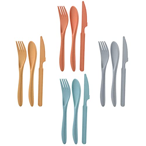 Knives Spoons and Forks Set, Wheat Straw Cutlery Set, Reusable Flatware Set for 4, Utensils for Party, Travel, Work, Picnic, Camping or Daily Use (Dark green, Orange, Yellow, Grey)