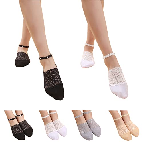 4 Pair Pearl Lace Socks for Women Non-Slip Thin Silk Short Ankle Sock Mesh Transparent Summer Breathable Socks