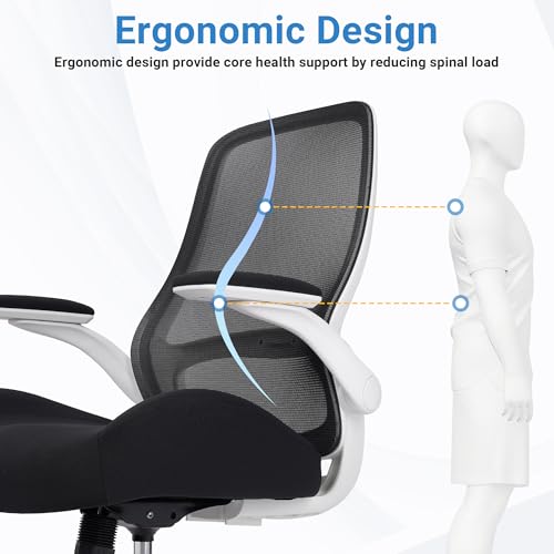Image of HYLONE Office Chair Ergonomic Chair with Flip up Armrests, 5 inch Thickened Seat Computer Chair with Breathable Mesh Back Home Office Computer Chairs for Long Hours Mesh Office Chair(White Base&Black)