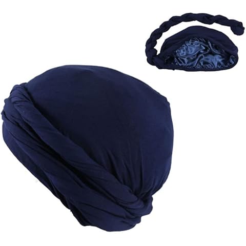 Akkad Kuti Halo Turban for Men Turban Head Wrap Satin Lined Turban Modal Beanies Stretchy Durags for Dreadlocks, Navy Blue, One Size Cover
