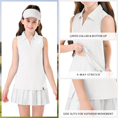 Image of Soneven Girls Sleeveless Polo Shirts Button UP Golf Tennis T-Shirts with Collared Quick Dry Tank Tops for 4-14 Years