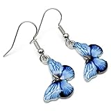 Blue Butterfly Charm Earrings, Enamel Charm Beads on Nickel Free Silver Tone Hooks : 38mm long, Butterfly Insect Drop Earrings, Pretty Handmade Gift for Women