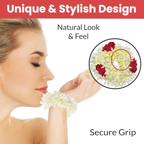 Image of Temperia (2 Pcs) Scented Mogra Gajra Hair Accessories For Women & Girls - Hair Flower Bun Artificial Fake Gajra Scrunchies Rubber Band - Premium & Voluminous, 1 Pc Red Petals & 1 Pc White