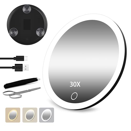 Junyaoxuan Espejo de aumento de 30 aumentos con luz, espejo de aumento grande de maquillaje de 6 pulgadas con 3 colores regulables, LED portátil con 3 ventosas, color negro