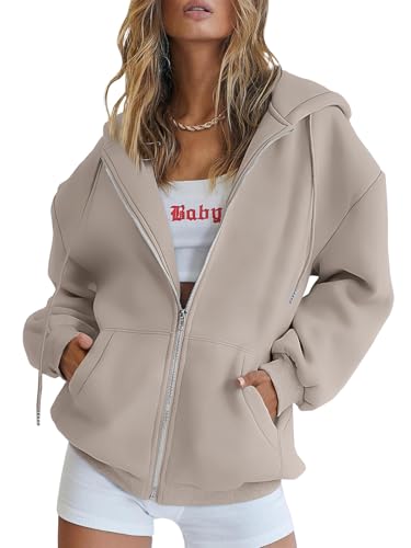 Trendy Queen Womens Zip Up Hoodies Oversized Sweatshirts Fall School Fashion Outfits Casual Jackets 2025 Winter Clothes Nutmeg M