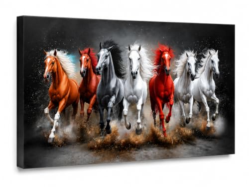 Image of 7 Horse Vastu Sunrise Canvas Painting | Positive Energy Wall Decor | Big Size Premium Running Horses Artwork for Home, Office & Hall Decoration (Modern, Sand Horse, 26x18 Inch)