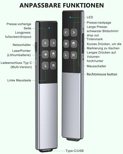 2 in 1 Presenter, USB C Maus Presenter Präsentations Presenter mit Hyperlink/Lautstärkeregler/Vollbild-/Schwarzbild, kabelloser 2.4 GHz Präsentationspointer für Windows/Linux/PowerPoint/Google