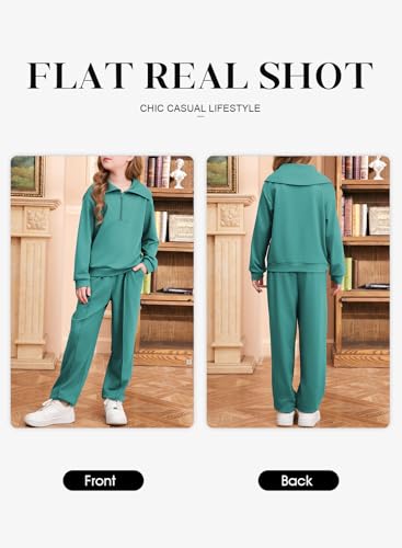 Image of Girls Fall Sweatsuits Collared Sweatshirt Jogger Pants Sets Green Size 8-9 | Big Kids 2 Piece Fashion Tracksuit, Half Zip Collar Long Sleeve Crop Top Jogger Pants，Tween Winter Casual Outfit,Side Pockets