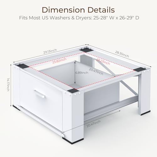 Image of SKM Washer and Dryer Pedestal with Drawer, Laundry Pedestal for Washer and Dryer Stand, Heavy Duty Steel Washing Machine Stand Height Raiser (2, white, 28 inch W x 29 inch D x 14 inch H)