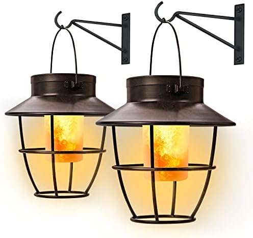 Camping Outdoor Solar Lanterns with Hooks - 2 Pack Dancing Flame Vintage Style Lights for Pathway, Garden, Patio, Yard, Porch - Waterproof Landscape Decor