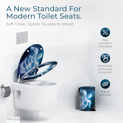 Image of Sanilo Wooden Toilet Seat with Quick Release & Soft Close [ROUND] - Decorative & Slow Close Molded Wood Seat - With One Click for Easy Installation & Cleaning - With Adjustable Fit (Glow Turtle)
