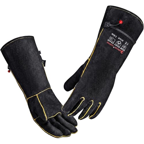 AOUCHI gants de soudage pour barbecue en cuir de vache, coutures Kevlar, gants ignifuges et résistants à la chaleur à manches longues pour barbecue, incendie, cheminée, four, cuisson, cuisinière 35CM