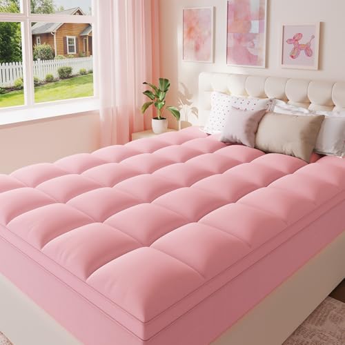 Image of ELEMUSE Pink Queen Mattress Topper for Bed, Extra Thick Pillow Top Mattress Pad with Plush Comfort, Designed for Couples & Everyday Sleep, Bedroom Upgrade
