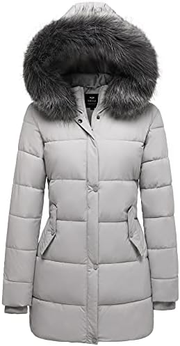 GGleaf Women's Puffer Jacket Winter Hooded Coat Down Alternative Long Parka with Faux Fur Hood Grey Small