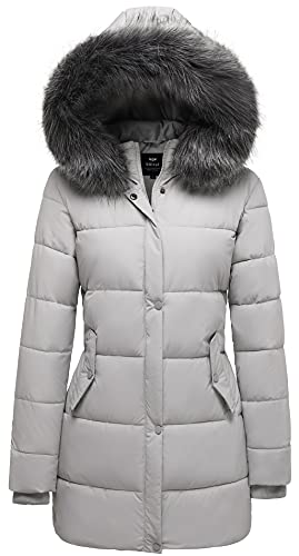 Ggleaf Women's Puffer Jacket Winter Hooded Coat Down Alternative Long Parka With Faux Fur Hood Grey Small #TOP30