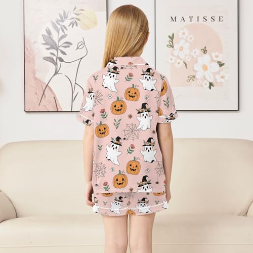 Satin Pajama Sets Short Sleeve Halloween Ghosts Pumpkins Spiders Button Down Silky Nightwear 2 Piece PJS 5-14Y4