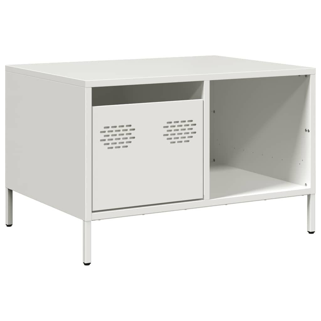 Mesa de centro blanca 68,5 × 50 × 43,5 cm, acero frío, altura regulable, 1 cajón y estante, pequeña mesa auxiliar