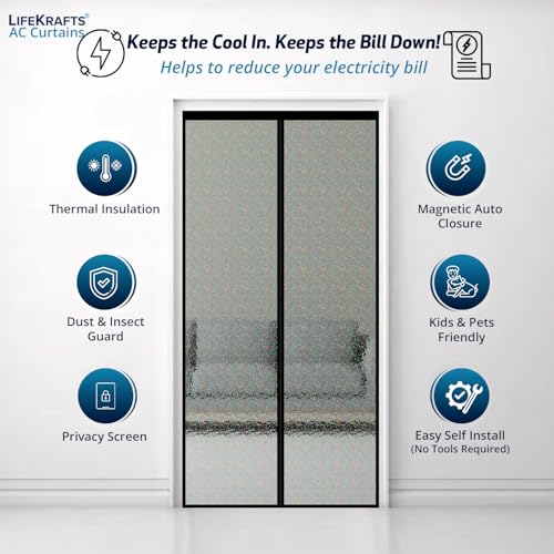 Image of LifeKrafts AC Curtain Magnetic|Thermal Screen|Insulated|Translucent Glitter Pattern|Insect & Pest Control|Privacy Screen, Dust, Pollen & Pollution Control Screen(Size 200x90cm) Non-Customizable