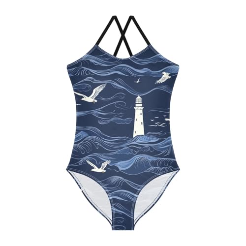 Night Wave Lighthouse Seagull Girls Swimsuit One Piece Bathing Suit for Baby Girls' Swimwear 3T