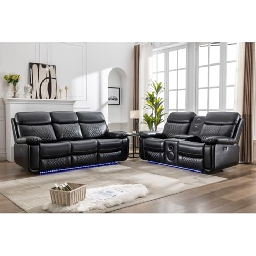 WEALTHKING LED Equipped Power Reclining Sofa Set with Drop Down Table, USB Charging Ports, Plug Outlets, Cup Holders, Faux Leather Upholstery for Home Theater Seating Arrangement (Black + 5 Seat)