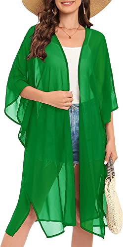 Image of Indian Trendy Women's Solid Puff Sleeve Kimono Long Cardigan Loose Cover Up Casual Blouse Top Chiffon