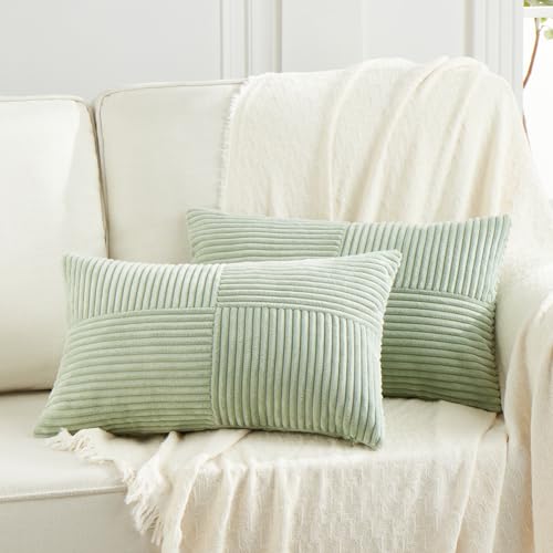 Image of Fancy Homi 2 Packs Sage Green Lumbar Decorative Throw Pillow Covers 20x28 Inch for Living Room Couch Bed, Rustic Farmhouse Boho Home Decor, Soft Striped Corduroy Rectangle Accent Cushion Case 50x70 cm