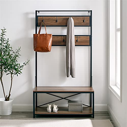 Walker Edison August Modern Farmhouse X Back Hall Tree With Bench, 72 Inch, Rustic Oak #TOP2