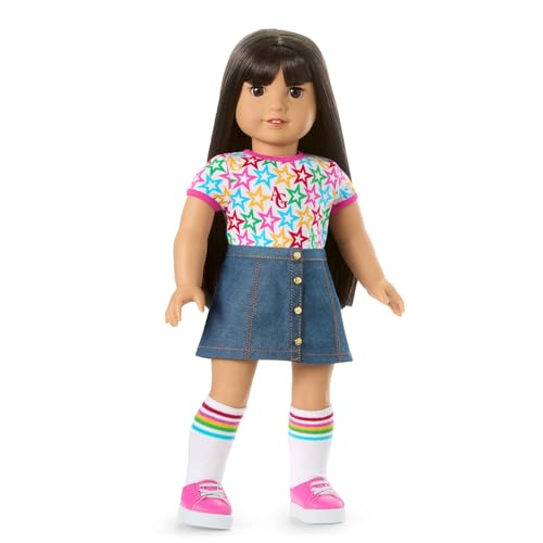 Image of Bundle of American Girl Truly Me 18-inch Doll #130 with Brown Eyes, Straight Black-Brown Hair, Light-to-Medium Skin, for Ages 6+ + Truly Me 18-inch Doll Outfit, Bows & Blooms Outfit, for Ages 6+