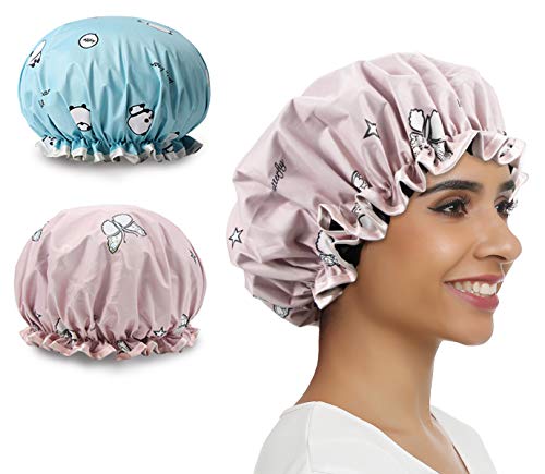 2 PACK Shower Caps Reusable Bath Cap Changeable Color Shower Bonnet Waterproof Hair Cover Bath Accessories Hat for Women (Cartoon blue&pink)