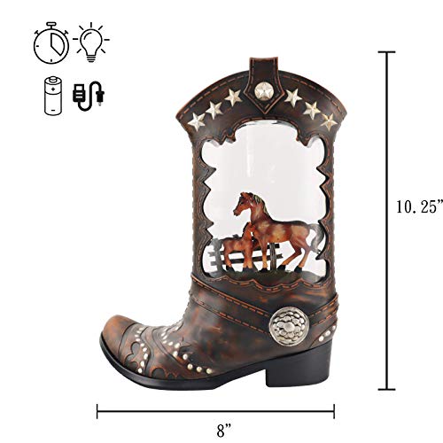 Victory Creative Horses Lighted Water Boot Table Piece 10.25" Snow Globe With Swirling Glitter, Battery Operated, Timer & Usb #TOP1