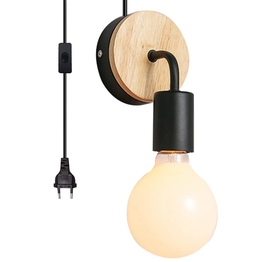 Chao Zan E27 Lámpara de pared vintage Metal, portalámparas industrial E27 con enchufe de la UE con interruptor para iluminación interior Iluminación Cabecera (sin bombilla) (Negro)