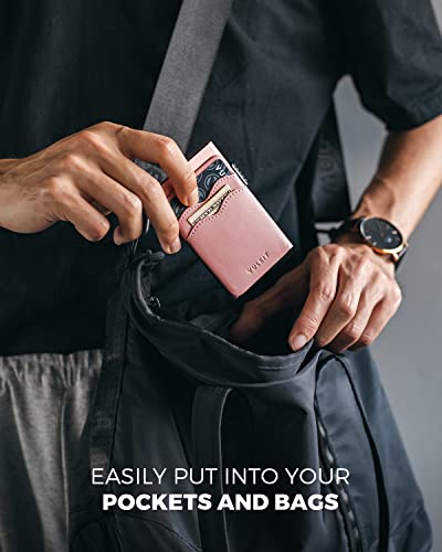 Image of VULKIT Credit Card Holder Minimalist Slim Pop Up Wallet with Leather Slots RFID Blocking for Men and Women Holds 7 Cards and Notes Rose