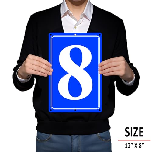 Image of Premium Aluminum Number Signs 8, Metal 12 inch X 8 inch Blue Numbered Signs Outdoor for Parking Lots, Floor, Dock, Court, Aisle, Field, High Visibility, No Fade, Weather-resistant