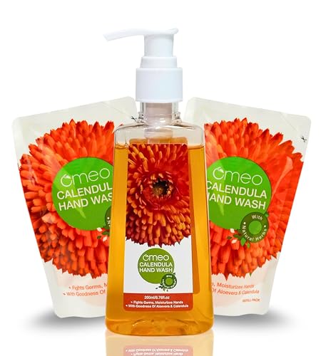 Image of Omeo Calendula Handwash Liquid Pump Bottle + Refill Pack Pouch (200ml+180ml X 2) for Germs Free, Soft & Moisturized Hand with Aloe Vera & Calendula | Tough on Germs & Dirt | Hand Wash Safe for All Types Skin, Daily Use