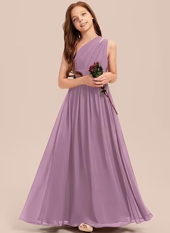 Junior Bridesmaid Dresses One Shoulder Chiffon Flower Girl for Teen Girls Long Wedding Party Dresses2